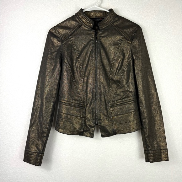 White House Black Market Gold Metallic Biker Moto Jacket Size 2 - Picture 3 of 11